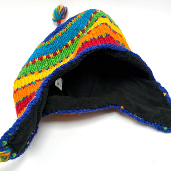 Rainbow Wool Sherpa Hat Beanie Striped Earflap Toque Toboggan Stocking Cap Nepal - Picture 3 of 6